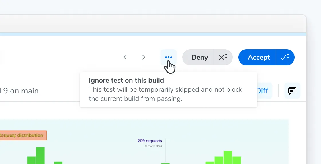 The three-dot action menu on a test page showing the Ignore test on this build option.
