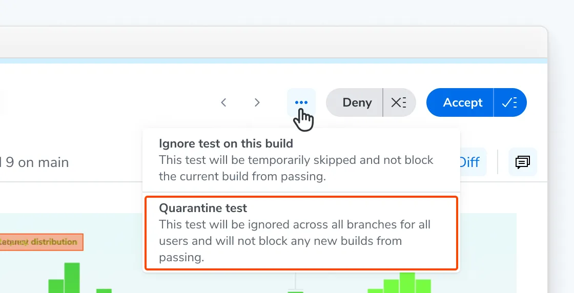 The three-dot menu on a test page showing the Ignore test on this build and Quarantine test options.
